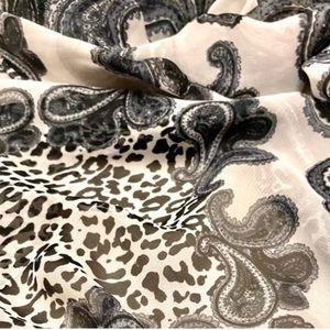 Paisley and leopard scarf. Black, grey and white chiffon. 4 feet